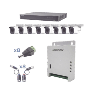 KIT TurboHD 1080p / DVR 8 Canales / 8 Cámaras Bala (exterior 2.8 mm) / Transceptores / Conectores / Fuente de Poder Profesional hasta 15 Vcc para Larga Distancias